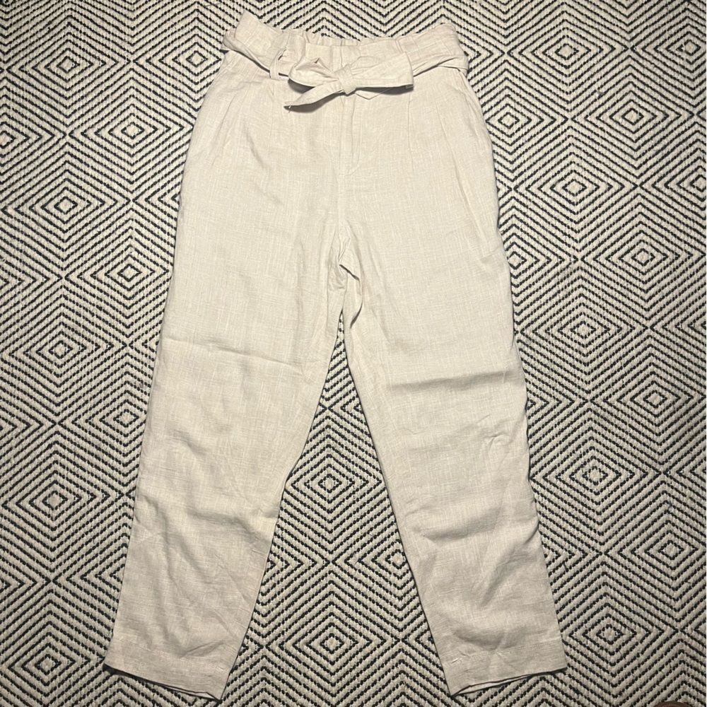NWT Beige Cream Tan Linen Pant High Waisted Tie Detail Size S